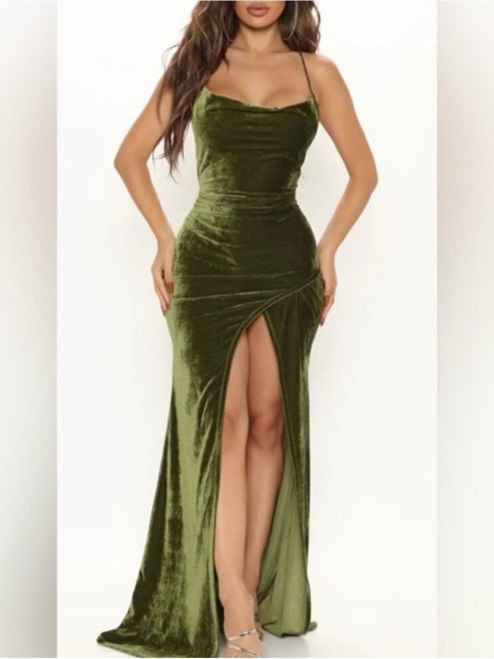 Fashion Nova Olive Velvet Spaghetti-Strap Maxi Dress with High Slit